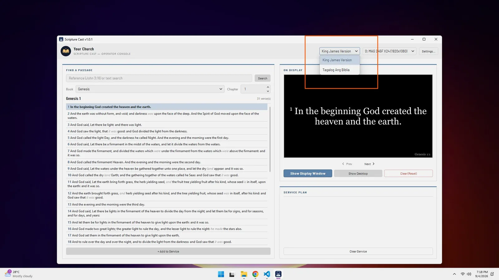 Bible version dropdown open, showing King James Version and Tagalog Ang Biblia options